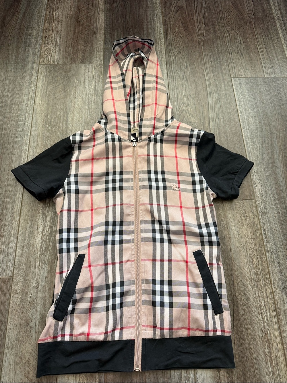 Burberry Beige Plaid Hooded Zip Vest with Black Sleeves